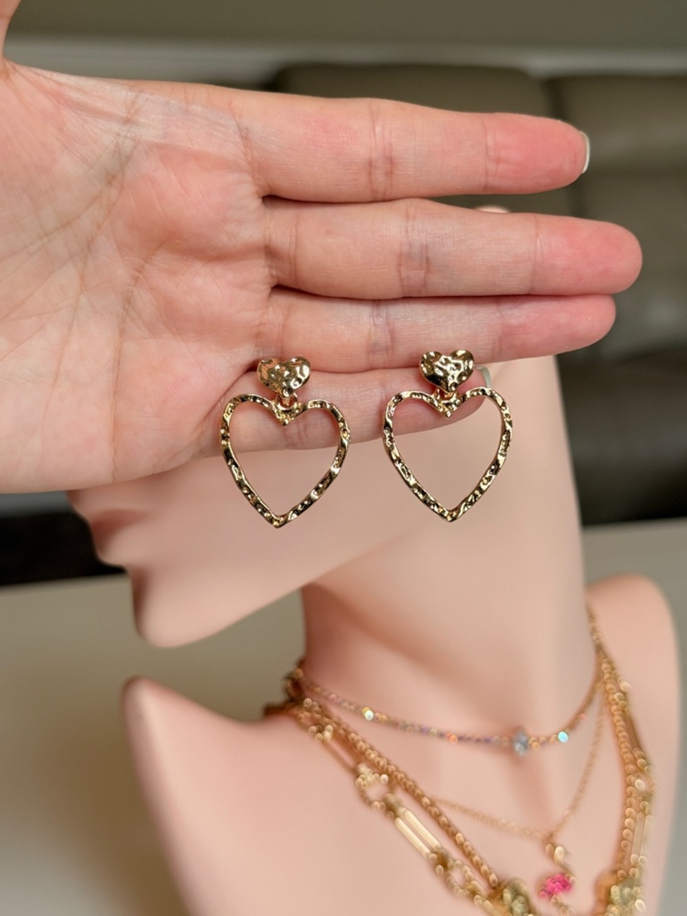 Gold Heart Drop Earrings - Picture 10 of 10